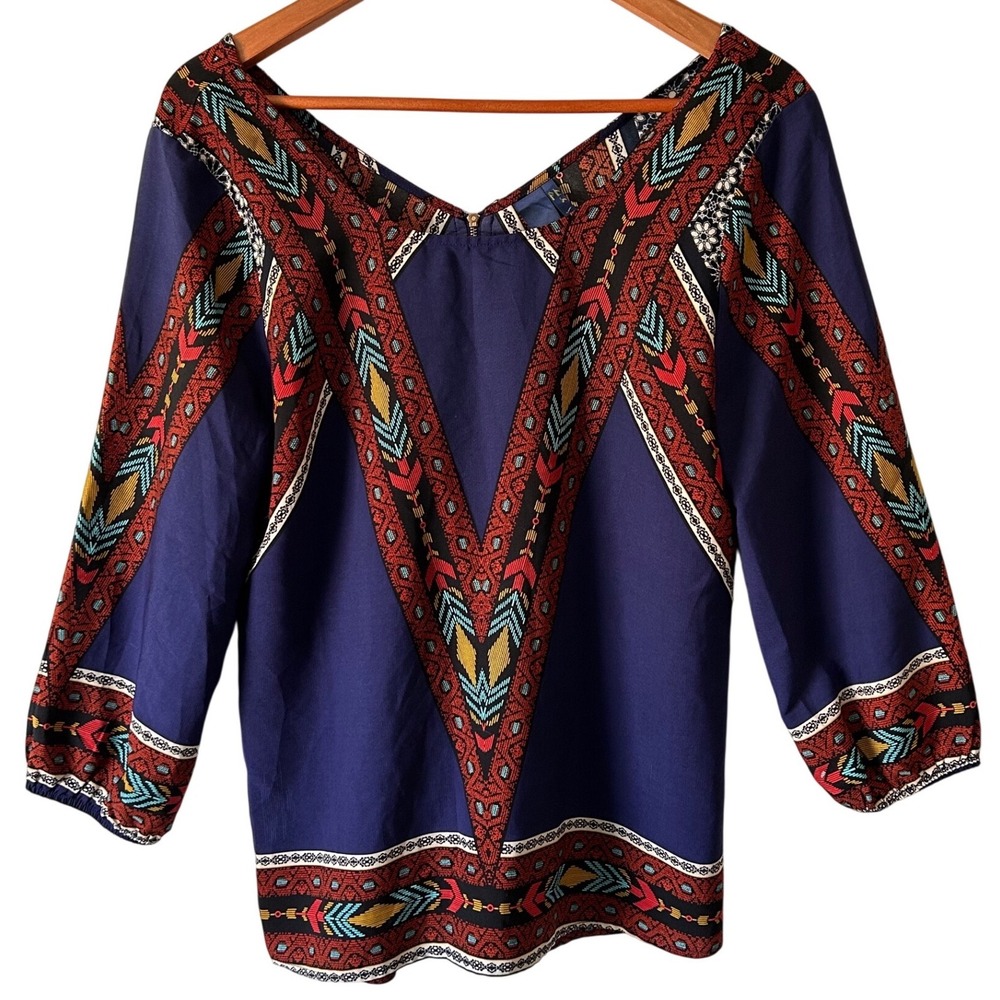 Blue Rain Zip Back V-Neck Printed Blouse 3/4 Sleeve Women's Size Small